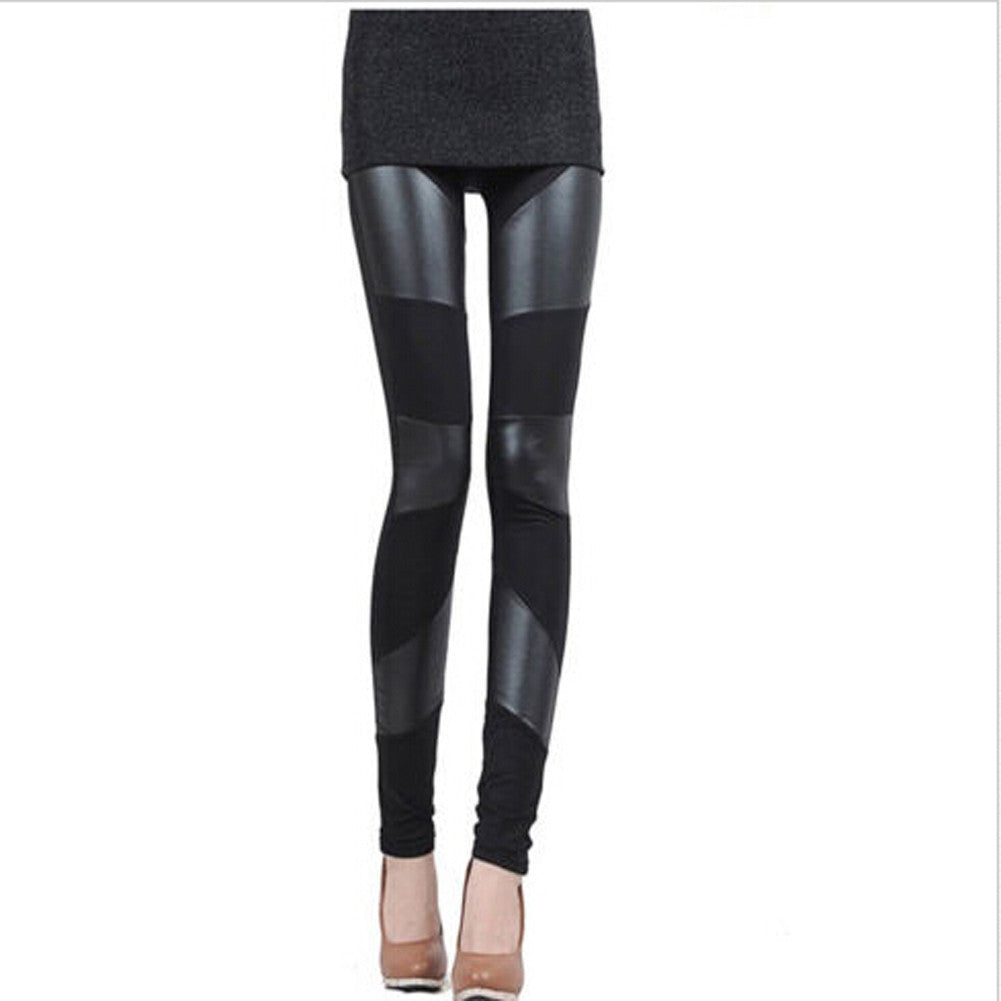 Online discount shop Australia - Fashion Womens Faux Leather Patchwork Black Leggings Pants Slim Trousers Pants