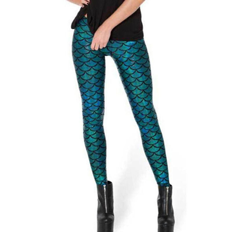 Women Shine Fish Scale Mermaid Printed Leggings Slim High Waist Pencil Pants