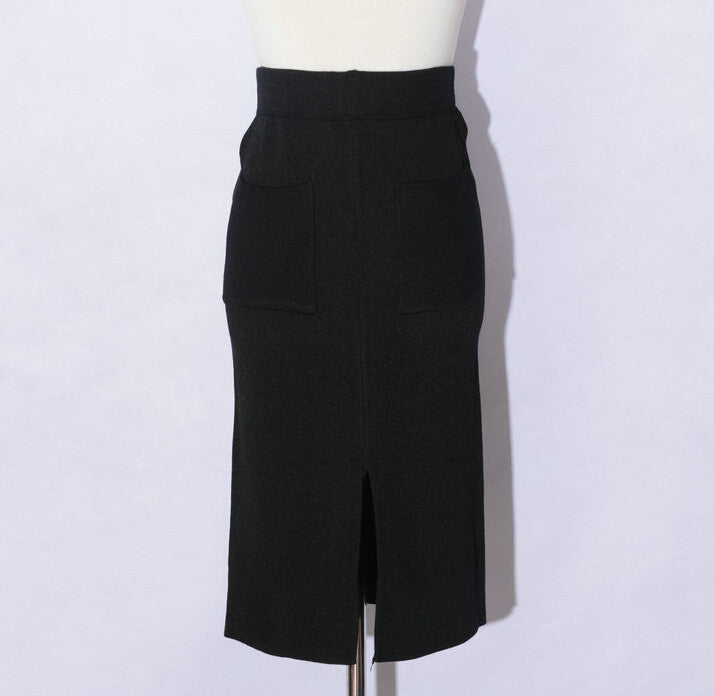 fashion all-match knitted skirt female body slim package hip skirt slit pocket skirt