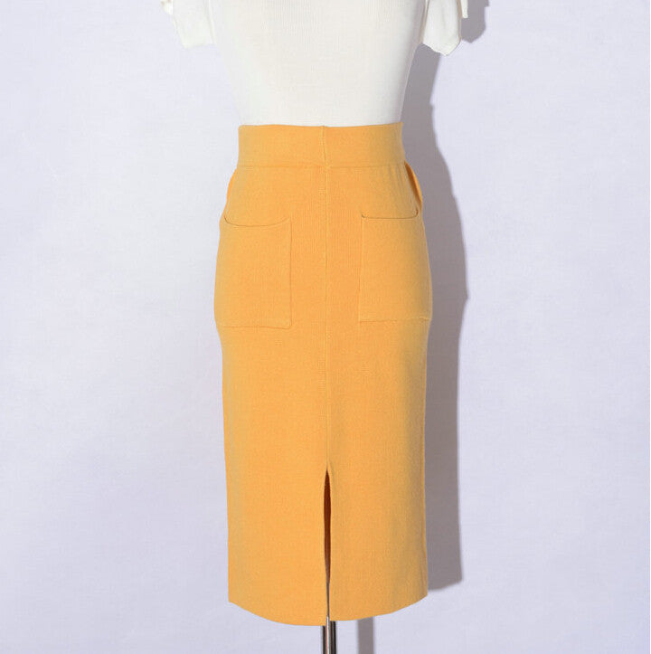 fashion all-match knitted skirt female body slim package hip skirt slit pocket skirt