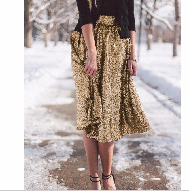 Online discount shop Australia - Fashion Europe Sequins Luxury Gold Women Swing Skirt American Apparel High Waist Skirts Midi