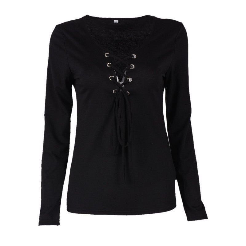 Online discount shop Australia - Casual Bandage Lace Up Long-Sleeve Tshirt Women Sexy Deep V T-shirts Tops 5 Colors Fall Women Clothes
