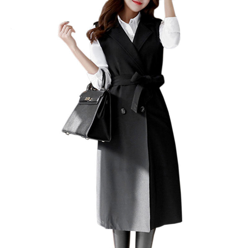 Online discount shop Australia - Long Vest Women Black Turn-down Collar Belt Double  Workwear Waistcoat Outwear WWJ582