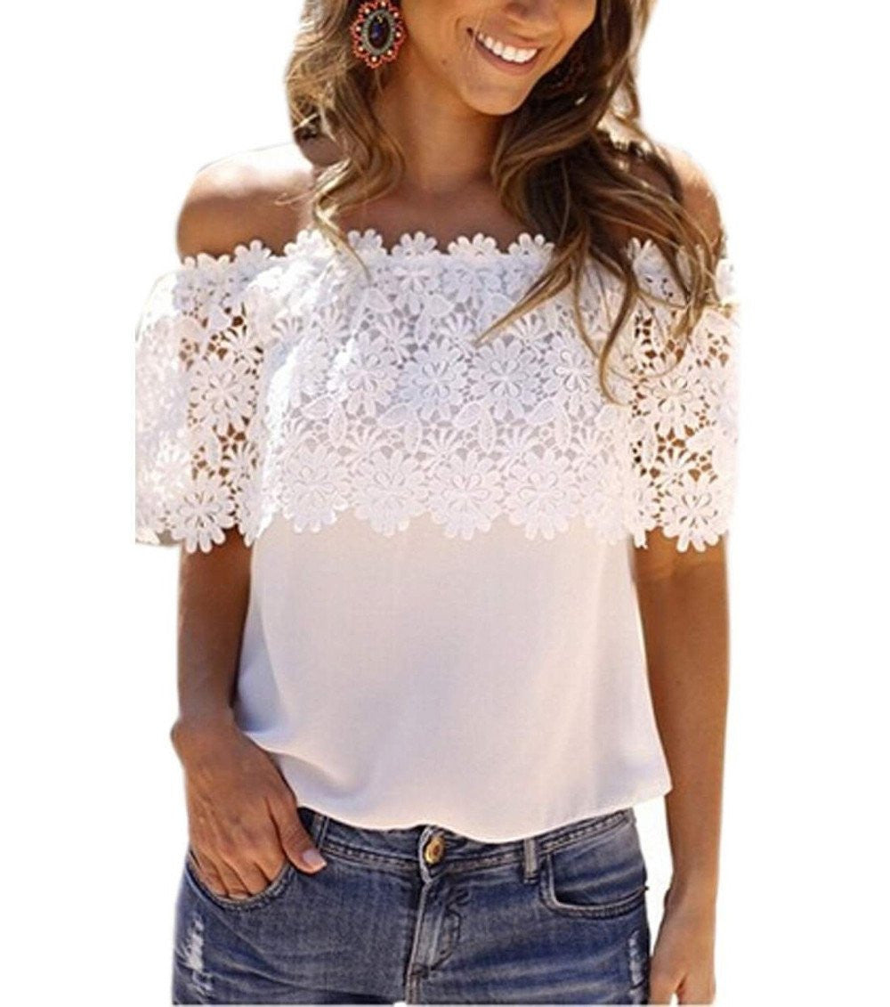 Women Tops Casual Off Shoulder Blouse Chiffon Lace Floral Blouse Solid Shirts