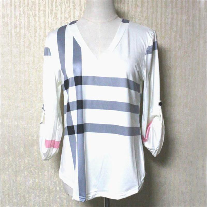 Online discount shop Australia - Women White Blouse Shirt V-neck Three Quarter Sleeve Casual Plaid Shirt