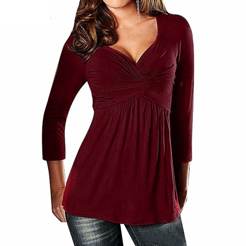 Women V Neck Long Sleeve Solid Shirts Elegant Fold Casual Slim Fitted Blouses Plus Size Tee Tops