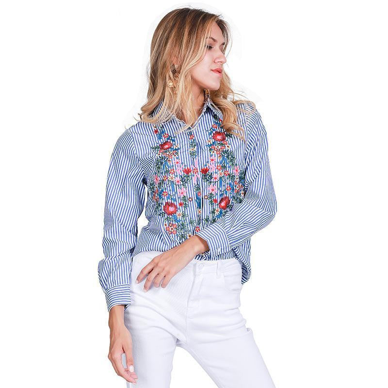 Simplee Embroidery female blouse shirt Casual blue striped shirt long sleeve blouse women tops