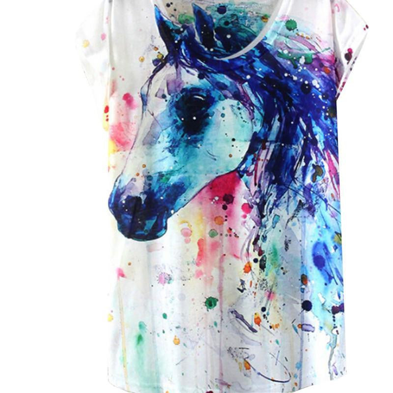 Style Ink Painting Horse Pattern Print T-Shirt Women Clothes Round Collar Women T Shirt Female Tops