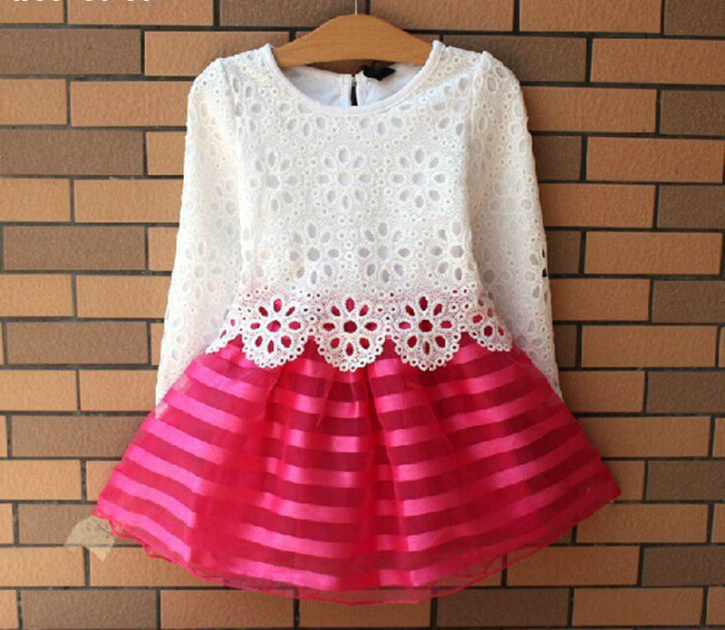 Online discount shop Australia - Girl Dress Children Girls's Clothing Set Long Sleeve Party Striped White Pink Princess Dress