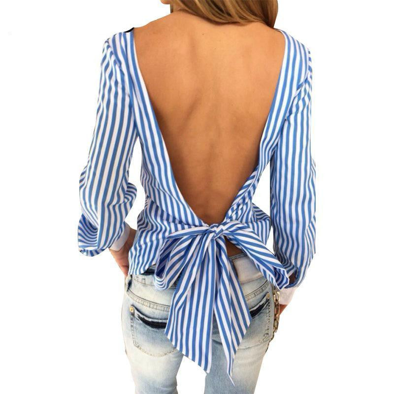 backless blue striped women blouses casual long sleeve girls blouse Hollow out o neck bow