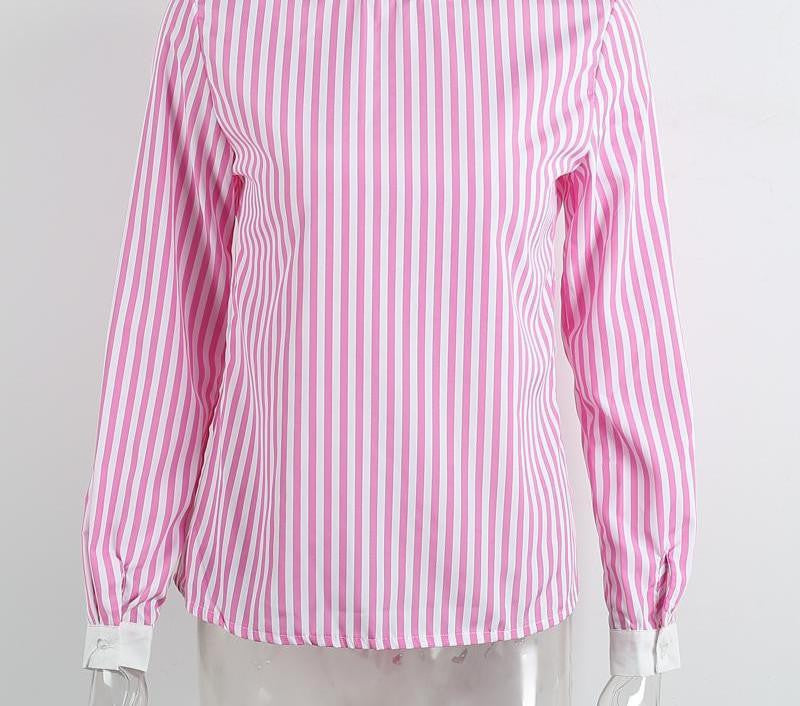 backless blue striped women blouses casual long sleeve girls blouse Hollow out o neck bow