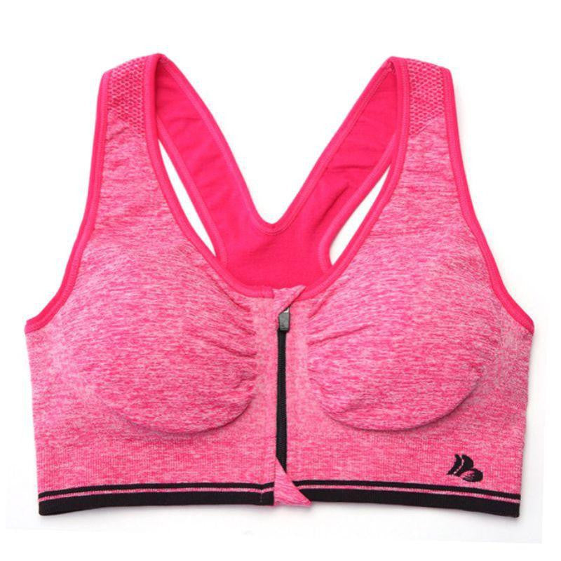 Women Solid Color Seamless Workout Front Zip Racerback Fitness Stretch Bra Top