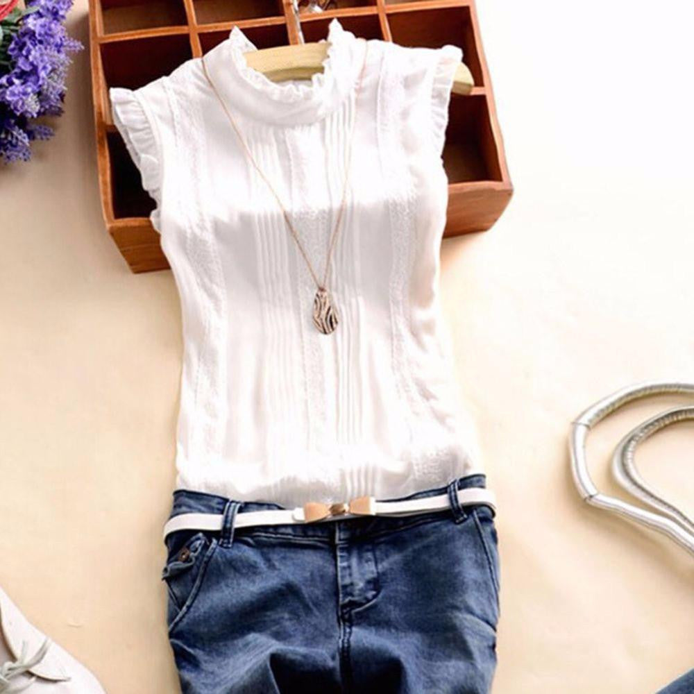 Style Women Neck Slim Fitted Shirts Casual Office Lady White Blouse Tops Tees