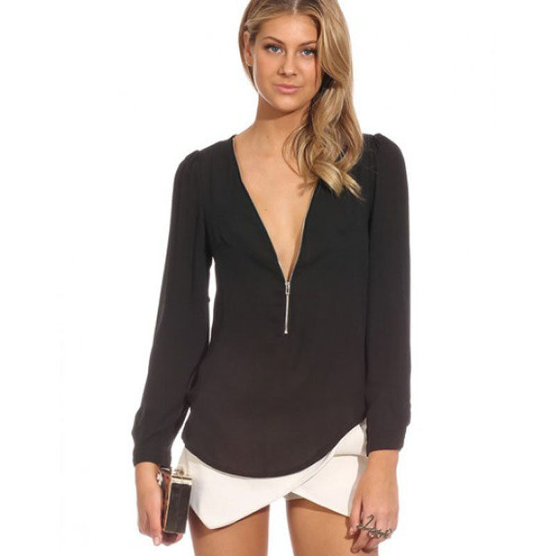 Online discount shop Australia - Long Sleeve Zipper V-Neck Plus Size Chiffon Blouse Shirt Women Casual 6XL 5XL XXXXL Blouses Vintage Tops