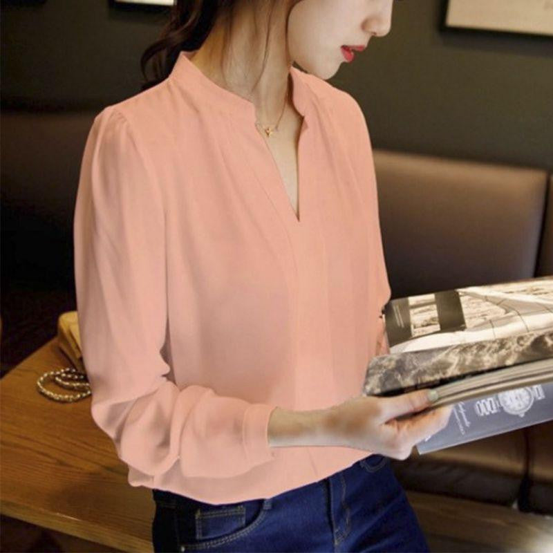 Women Chiffon Shirt Blouse Ladies White Pink Elegant V-neck Long Sleeve Shirts Female Office Shirt Plus Size