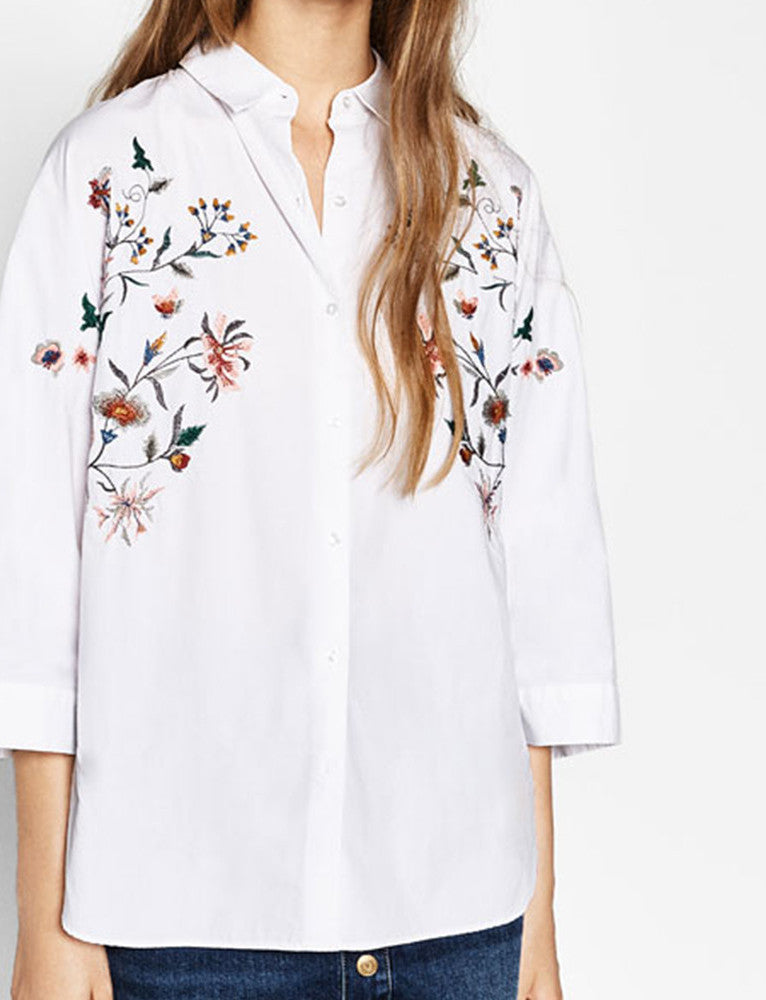 Online discount shop Australia - Flower Print Embroidery White Blouses Cute ZA Turn-down Collar Blouse Trendy Women 3/4 Sleeve Casual HI-LO Side Split Shirt Top