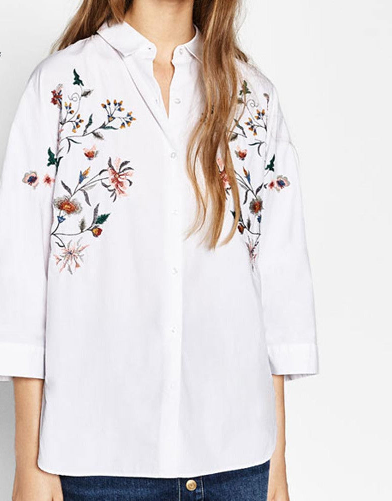 Online discount shop Australia - Flower Print Embroidery White Blouses Cute ZA Turn-down Collar Blouse Trendy Women 3/4 Sleeve Casual HI-LO Side Split Shirt Top