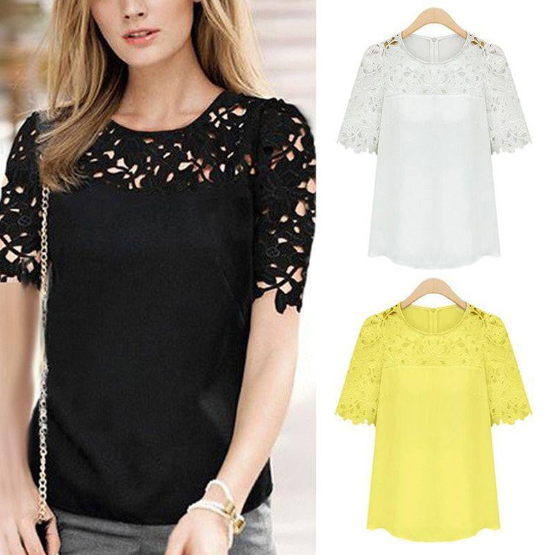 Women Tops Plus Size Ladies Hollow Crochet Chiffon Blouse Short Sleeve Shirt Top Blouse S-5XL