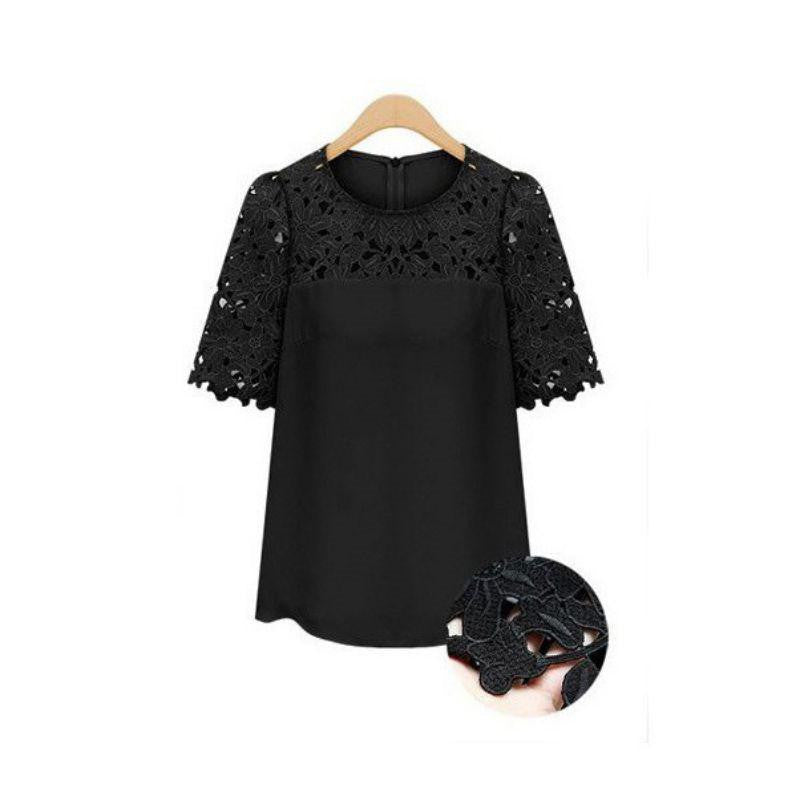 Women Tops Plus Size Ladies Hollow Crochet Chiffon Blouse Short Sleeve Shirt Top Blouse S-5XL