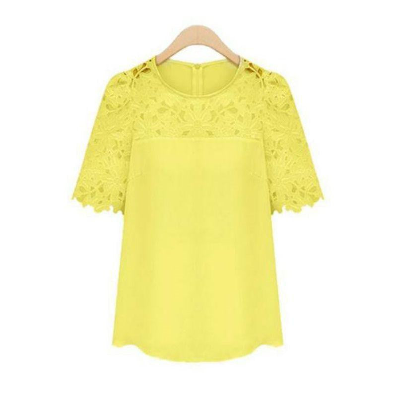 Women Tops Plus Size Ladies Hollow Crochet Chiffon Blouse Short Sleeve Shirt Top Blouse S-5XL