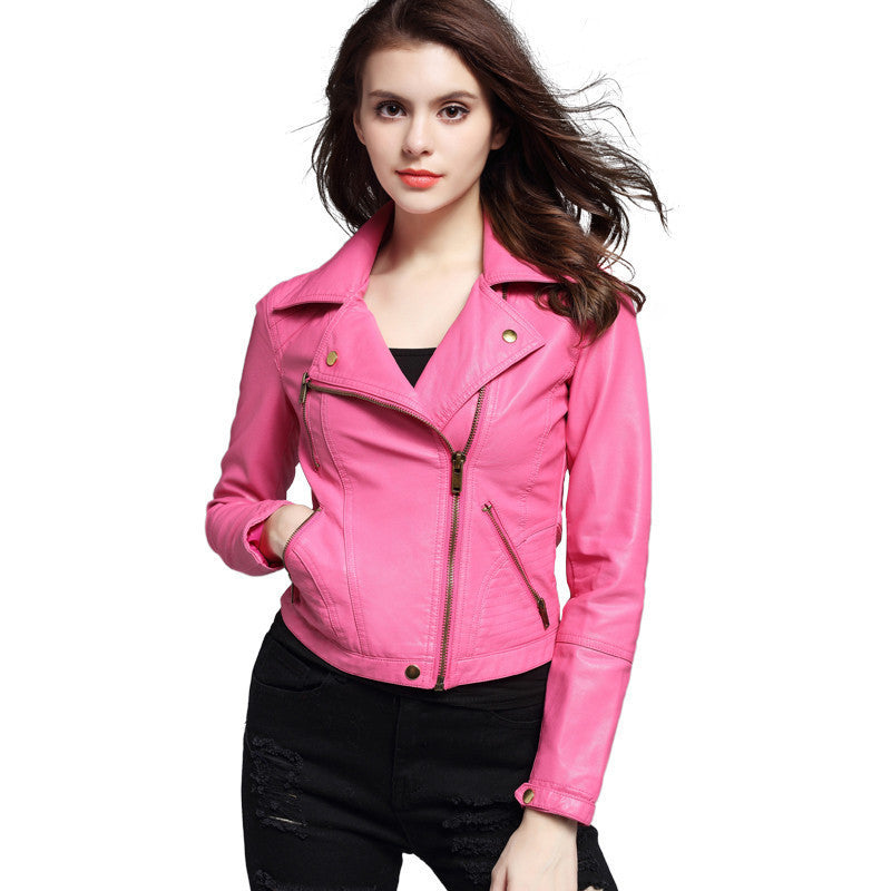 Online discount shop Australia - Crop Motorcycle Jacket Pink/Black Lapel Oblique Zipper Punk Style Women PU Leather Jacket Coat Fashion Crop Tops