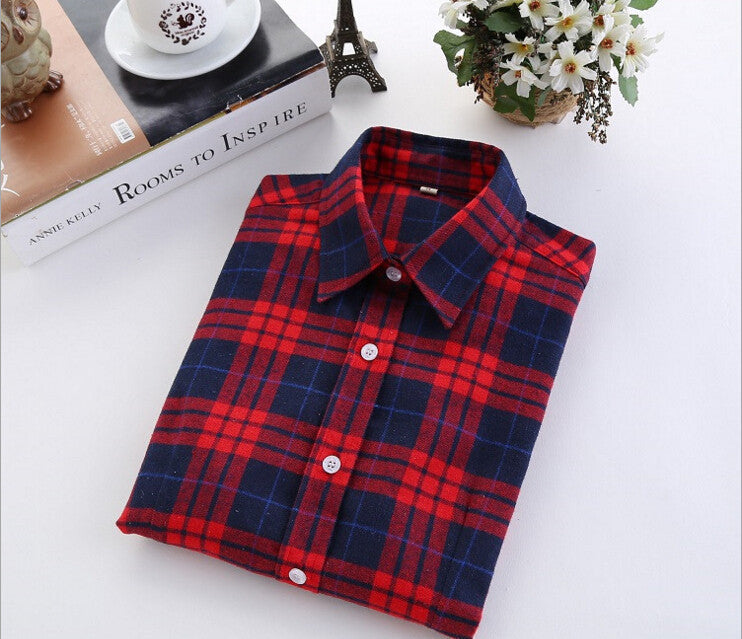 Plaid Shirt Female College style women's Blouses Long Sleeve Flannel Shirt Cotton Office tops