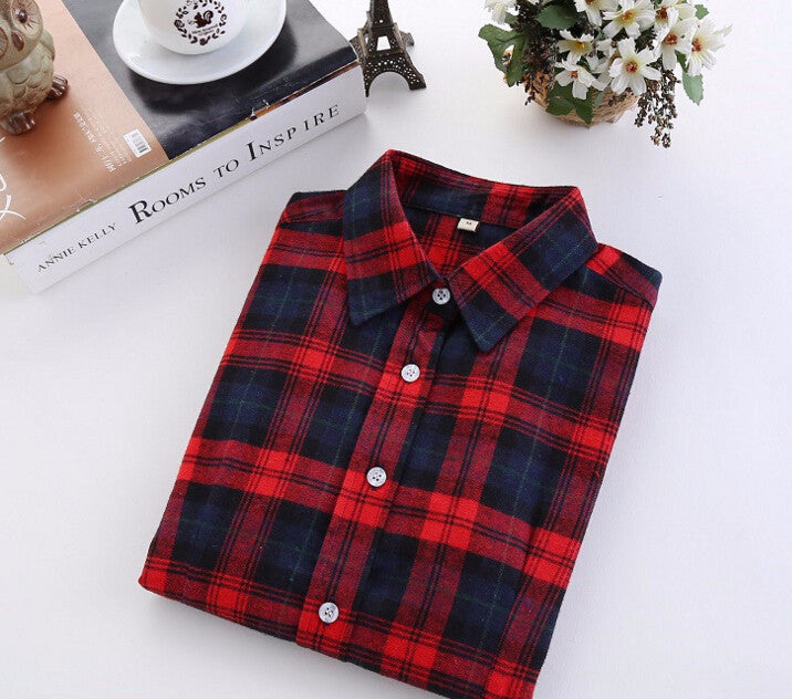 Plaid Shirt Female College style women's Blouses Long Sleeve Flannel Shirt Cotton Office tops