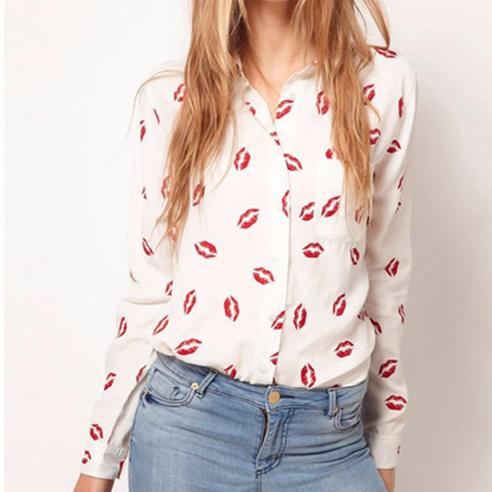 Women Chiffon blouses Kiss Red Lip Printed Blouses Tops Long Sleeve Shirt Plus Size