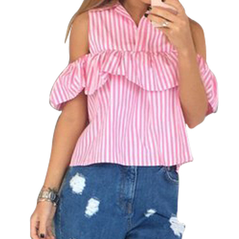 Online discount shop Australia - blouse shirt women striped off shoulder short shirt fashion casual