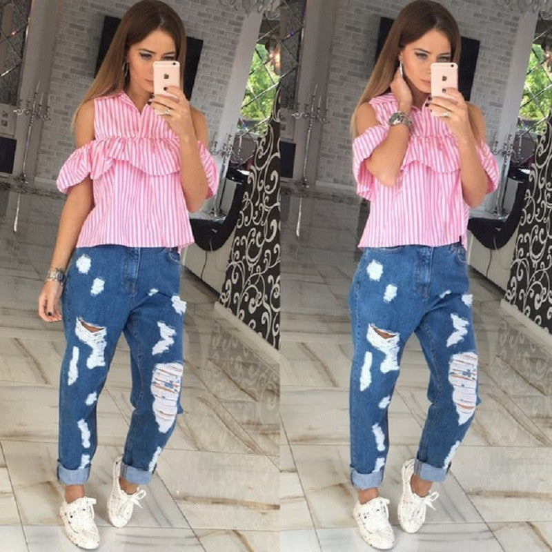 Online discount shop Australia - blouse shirt women striped off shoulder short shirt fashion casual