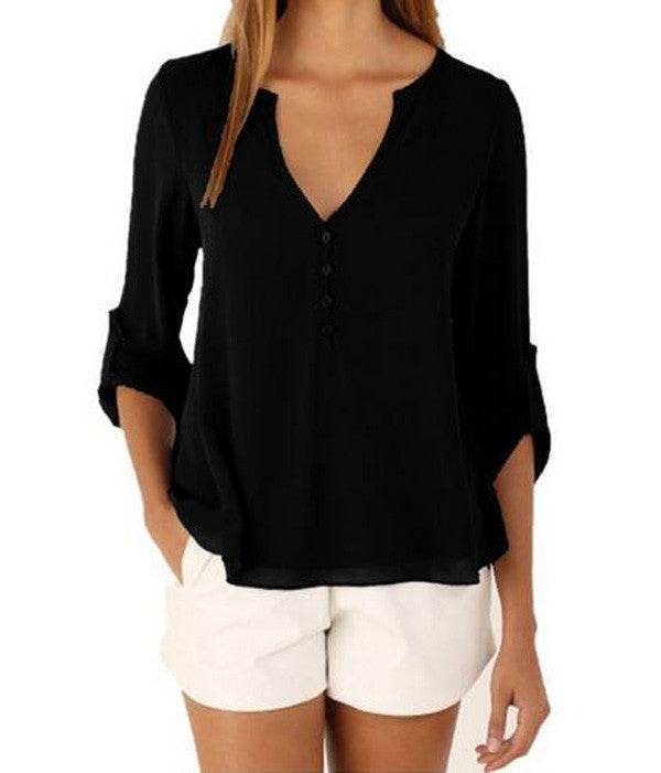 Women's Fashion V-neck Long-sleeved Plus Size Temperament Chiffon Shirt Casual Irregular Shirt