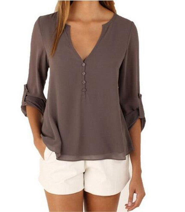 Women's Fashion V-neck Long-sleeved Plus Size Temperament Chiffon Shirt Casual Irregular Shirt