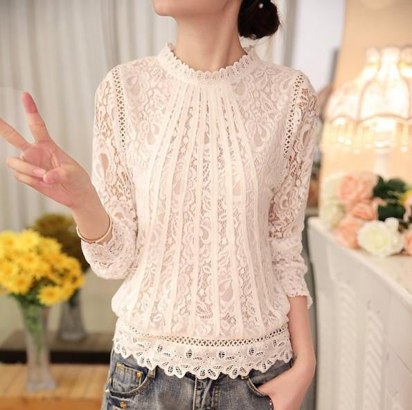Women's Long Sleeve Lace Floral Chiffon Tops Shirts Casual Lace Blouses