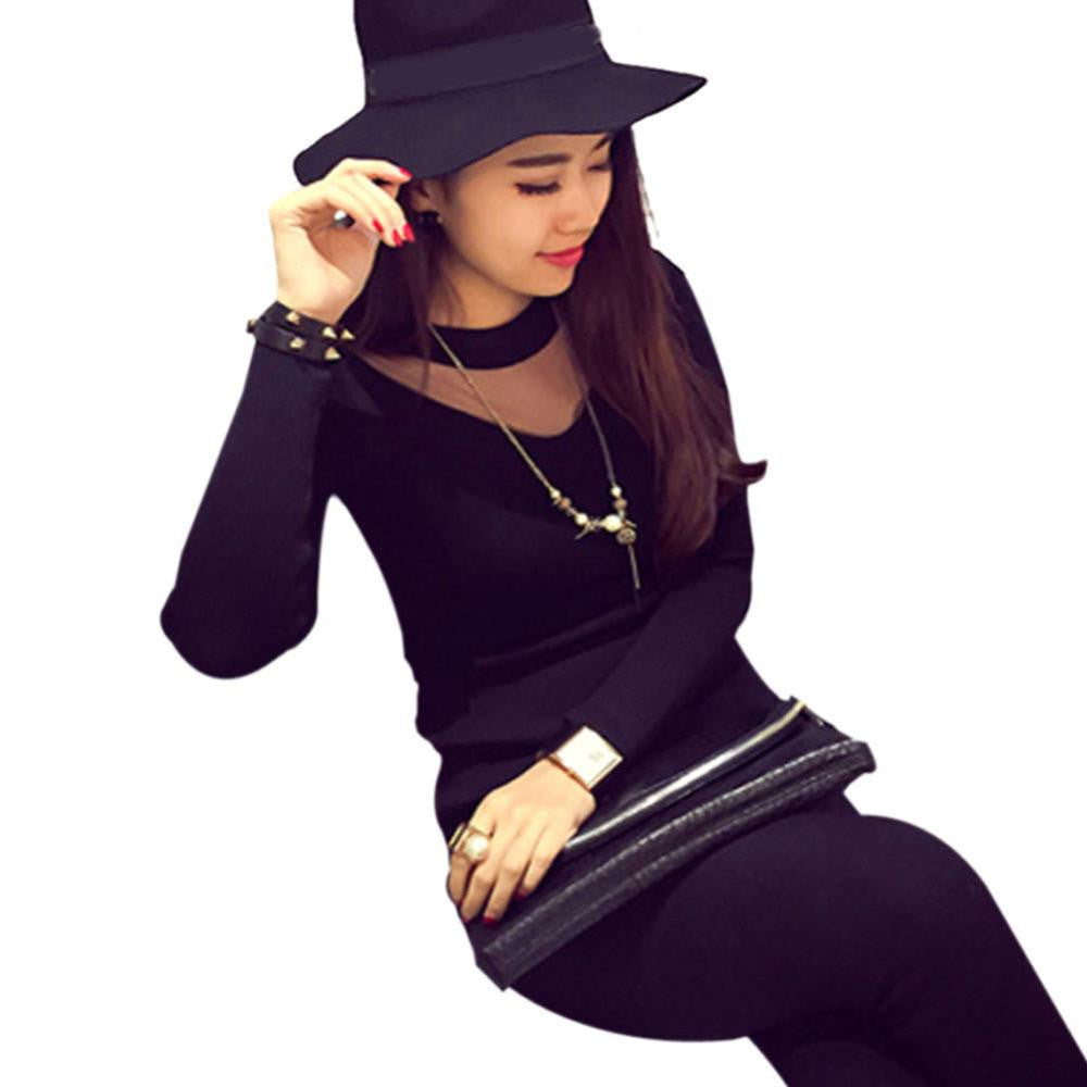 Women Mesh Sheer Splicing Pullover Knitted Sweater Long Sleeve Slim Base Shirts Tops