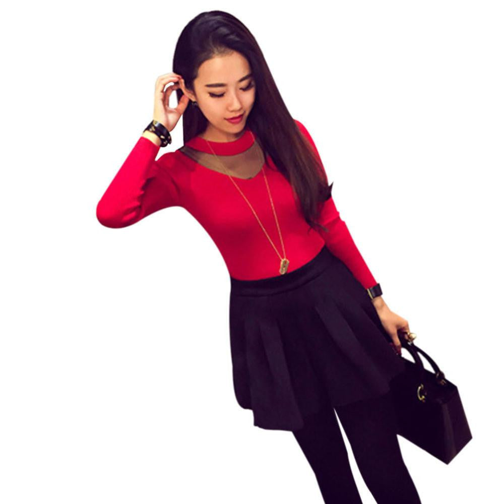 Women Mesh Sheer Splicing Pullover Knitted Sweater Long Sleeve Slim Base Shirts Tops