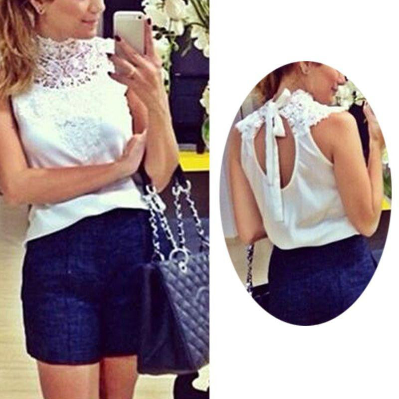 Women White lace blouse sleeveless backless shirts festa