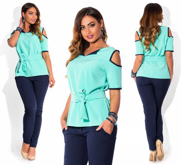 Online discount shop Australia - Fashion plus size women Blouse Casual Turn-down Collar Half Sleeves Sashes Solid Shirts