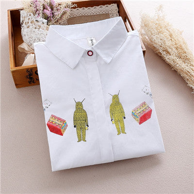 Online discount shop Australia - Cotton Blouse female cat koala cartoon Lapel embroidered tops white long sleeve shirt