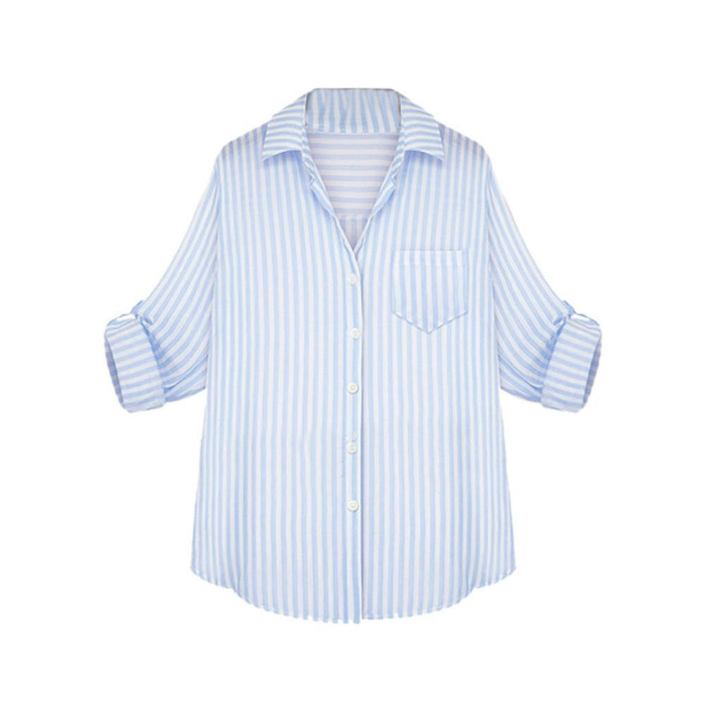 Women Sky Blue and White Striped Long Sleeve Shirt Down Collar Casual Office Lady Blouse