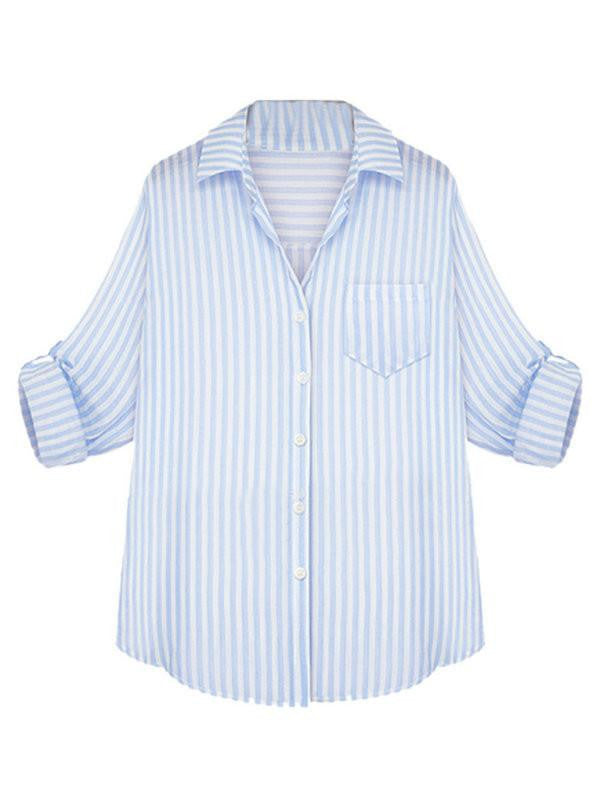 Women Sky Blue and White Striped Long Sleeve Shirt Down Collar Casual Office Lady Blouse