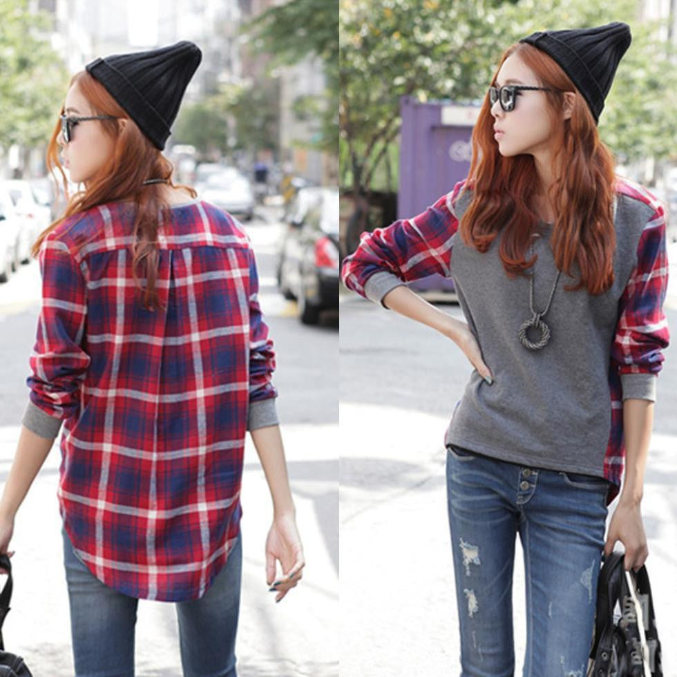 Womens Long Sleeve Patchwork Blouse Crew Neck Plaids Check Loose Tops