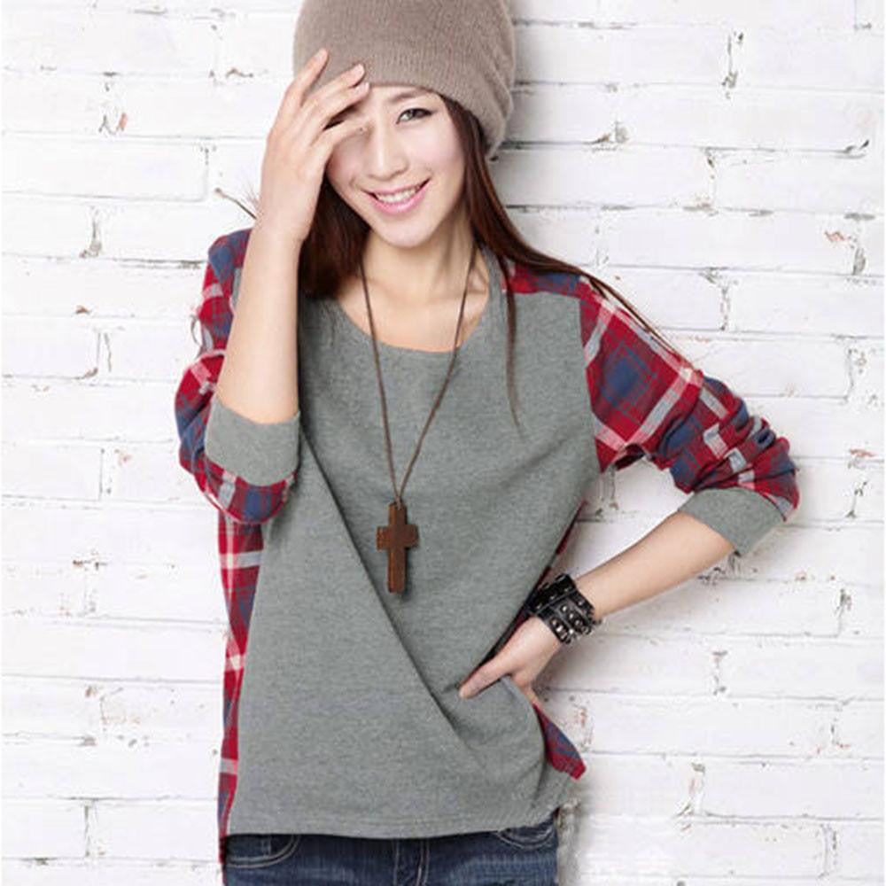 Womens Long Sleeve Patchwork Blouse Crew Neck Plaids Check Loose Tops
