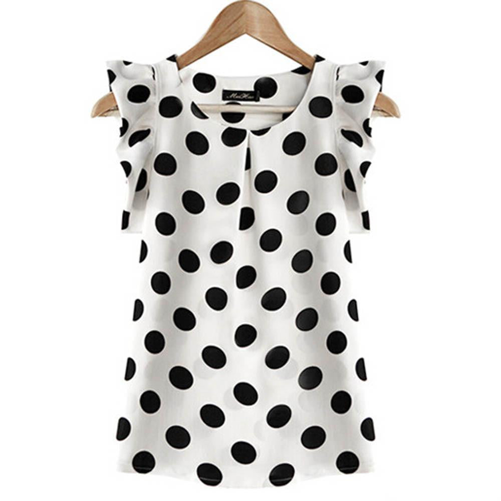 Womens Ladies Chiffon Puffed Short Sleeve Dot Print Top Blouse