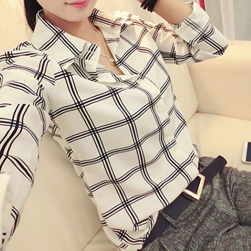 Online discount shop Australia - Ladies Style Plaids & Checks Shirt Long Sleeve Button Turn-down Collar Top Blouse