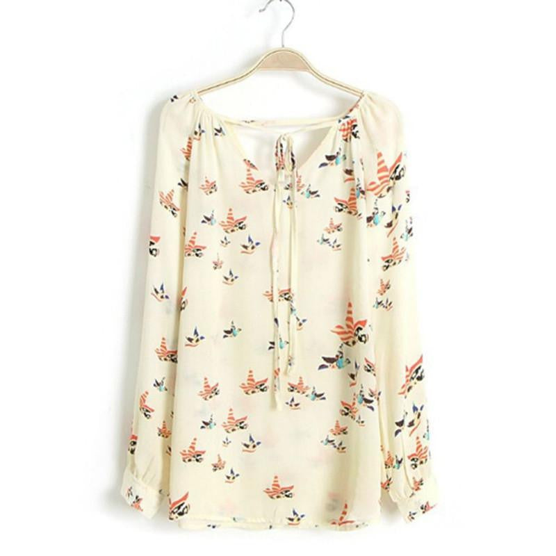 Women Chiffon Top Blouse Short Long Sleeve Dove Print Casual Loose Shirt