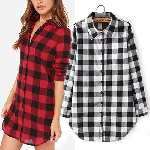 Online discount shop Australia - Fashion Women Long Sleeve Plaid Print Shirt Single Breasted Cotton Shirt Blouses