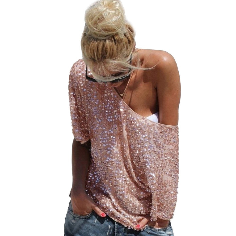 Online discount shop Australia - HOT New Fashion Women Sexy Loose Off Shoulder Sequin Glitter Blouses  Casual Shirts Vintage Streetwear Party Tops Z2