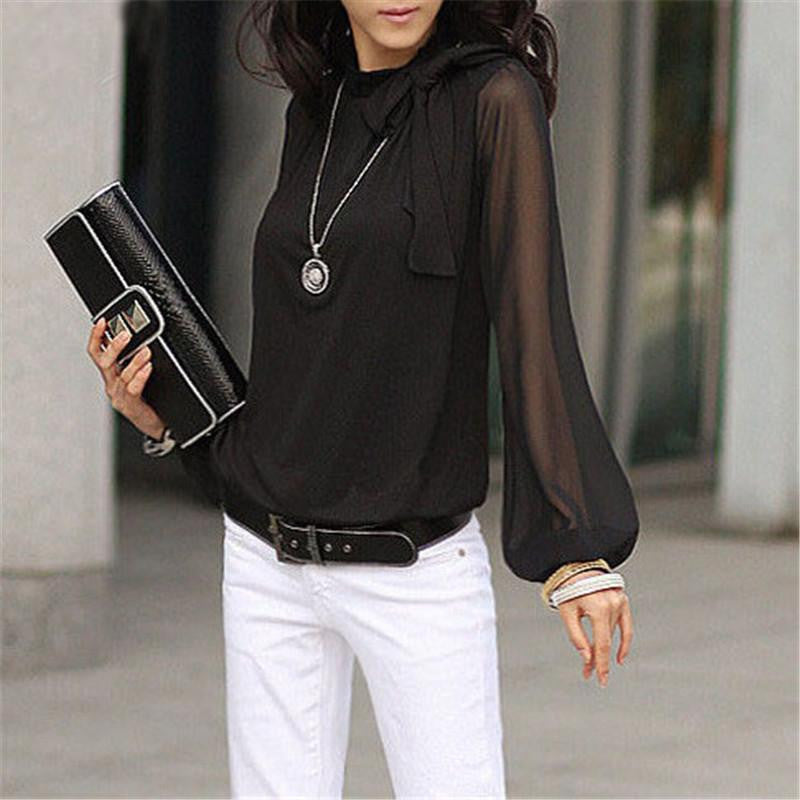 Women Blouse See Through Long Sleeve Bow Blouses Shirts Plus Size Black White