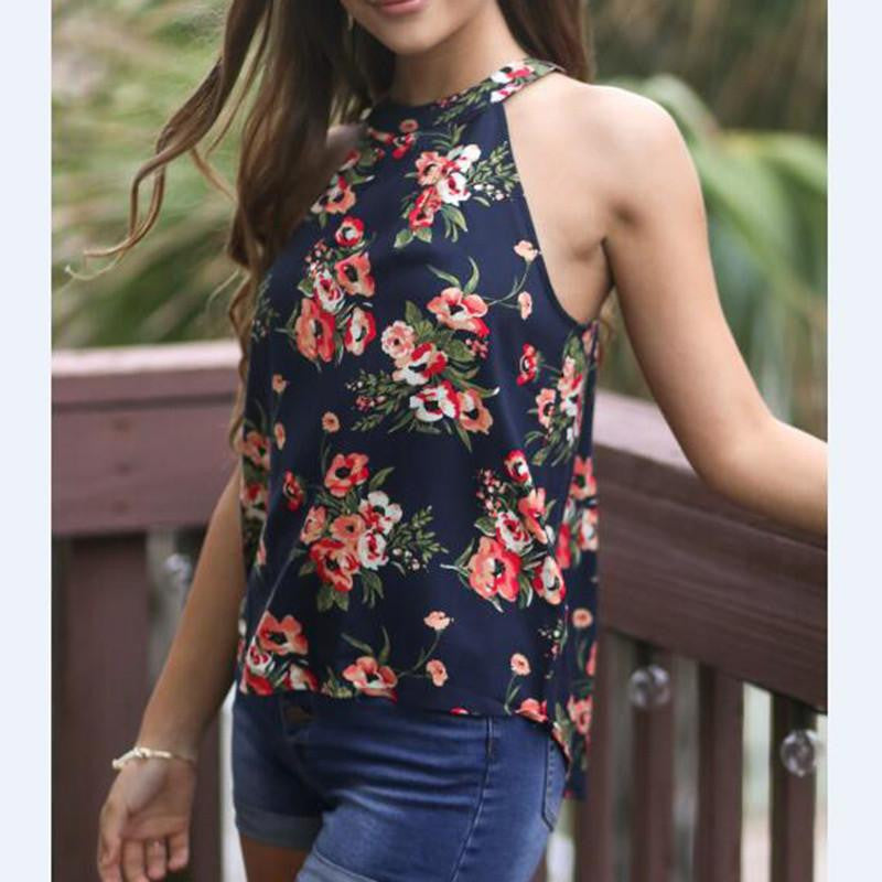 Women Sleeveless Chiffon Floral Print Blouse Ruffles Turtleneck Tops Shirt