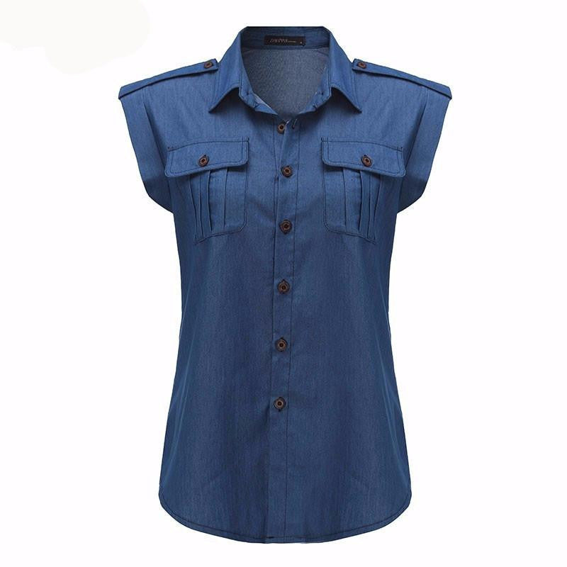 Women Fashion Vintage Buttons Pockets Blouses Sleeveless Jeans Denim Blue Shirts Female Casual Tops
